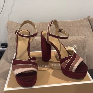 Michael Kors Tri-Color Suede Platform Sandals - Burgundy and Beige
